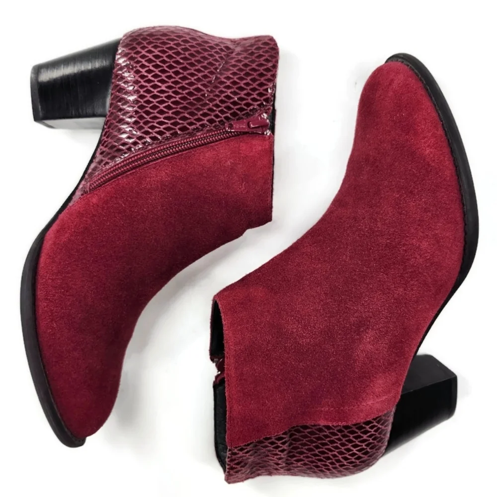 Vionic Bromley Cabernet Red Suede & Textured Snake Print Block Heel Ankle Boots - Picture 9 of 13
